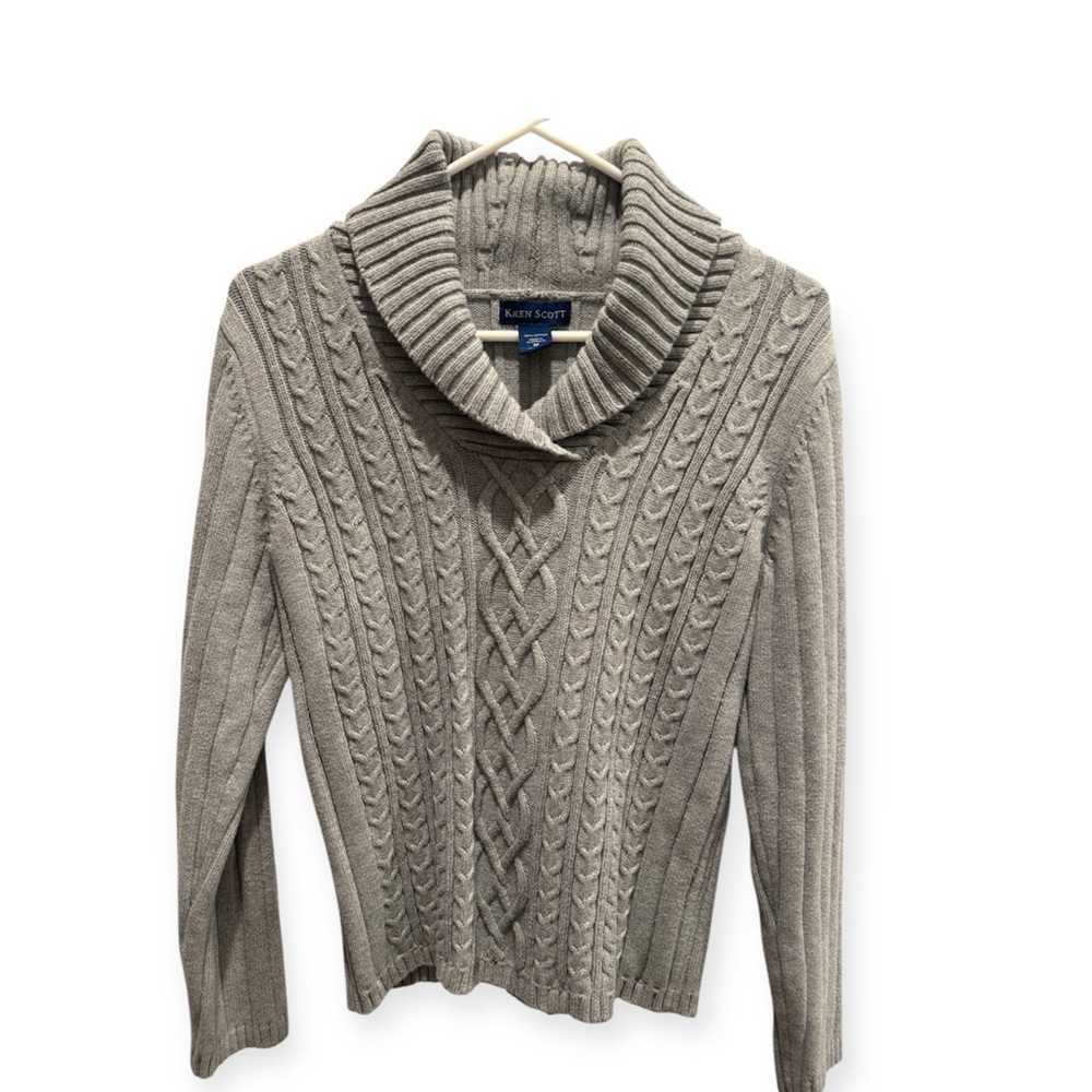 Karen Scott Cowl Neck Cable Knit Sweater - Gray 100% cotton Medium Cozy